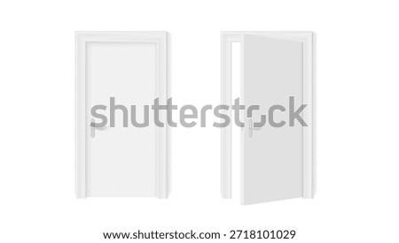 White Closed And Open Door With Frame And Shadows On Gray Wall. EPS10 Vector