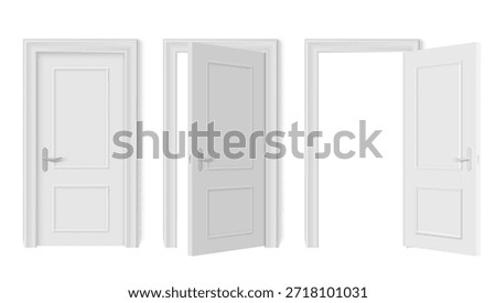 White Closed And Open Door With Frame And Shadows On Gray Wall. EPS10 Vector