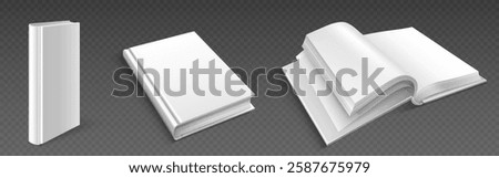 White closed and open hardcover books viewed from different side angles showing spine, cover and pages. Blank template mockup set for publishing design, reading presentation or literature showcase.