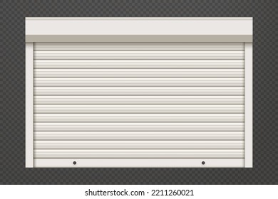 White closed roller garage shutter door with realistic texture mockup. Metal protect system for shops and stores. Vector illustration of steel gate of house or warehouse. Roller up blinds.