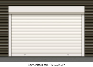 White closed roller garage shutter door with realistic texture on the dark wall. Metal protect system for shops and stores. Vector illustration of steel gate of house or warehouse. Roller up blinds.