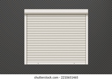 White closed roller shutter door with realistic texture. Metal protect system for shops and stores. Vector illustration of steel gate of garage, house or warehouse. Roller up blinds.