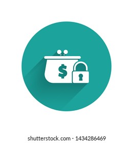 White Closed wallet with lock icon isolated with long shadow. Locked wallet. Security, safety, protection concept. Concept of a safe payment. Green circle button. Vector Illustration