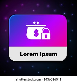 White Closed wallet with lock icon isolated on black background. Locked wallet. Security, safety, protection concept. Concept of a safe payment. Rectangle color button. Vector Illustration