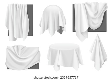 White cloth covers on objects with drapery set vector illustration. 3D realistic isolated secret presentation under fabric before revealing, silk tablecloth on table with wavy drape, hidden frames