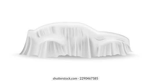 Coche cubierto de drenaje de tela blanca. Tela de seda colgada en regalo para sorpresa revelan ilustración vectorial. Auto oculto bajo una decoración de velo sobre fondo blanco. Misteriosa presentación.