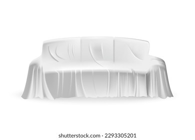 White cloth drapery covering sofa. Silk fabric hanging on gift for surprise reveal vector illustration. Hidden coach under veil decoration on white background. Mysterious presentation event.