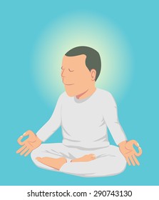 White cloth peaceful man doing meditation isolated on blue sky background vector