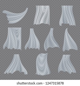 White Cloth Set Vector. Billowing Clear Curly Curtain Transparent White Cloth. Fluttering Curved Fabric Silk. Window Home Decoration. Realistic Clear Material Illustration