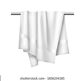 White cloth towel on hanger, realistic mockup of fabric towel for bathroom, spa hotel, beach or kitchen isolated on white background. Vector illustration