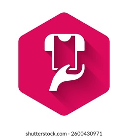 White Clothes donation icon isolated with long shadow background. Pink hexagon button. Vector