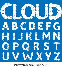 White Cloud alphabet. Creative font, white letters on blue sky