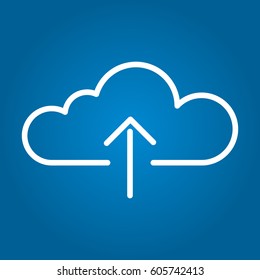 White cloud with an arrow up. Icon on blue background.