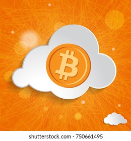 white cloud with bitcoin symbol on an orange striped background 
