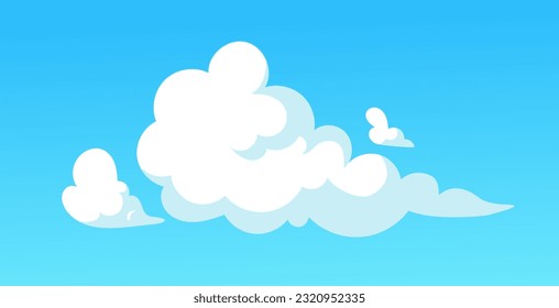 White cloud in blue sky concept. Rest and relax, soft dreams. Air and wind, weather. Template, layout and mock up. Cartoon flat vector illustration isolated on blue background