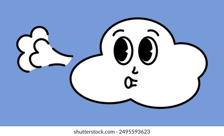 White cloud character with cartoon funny faces. Groovy sticker with Sky symbols. Weather icon. Emoji expression. Retro Vector illustration on blue background