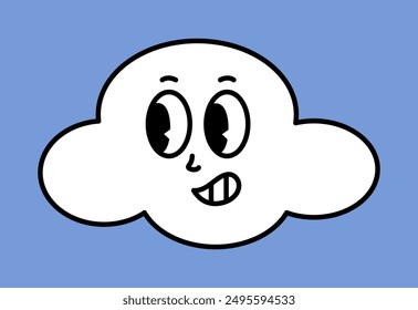 Carácter de nube blanca con caricaturas divertidas. Pegatina estupenda con símbolos Sky. Icono de Clima. Expresión de emoticono. Ilustración vectorial retro sobre fondo azul