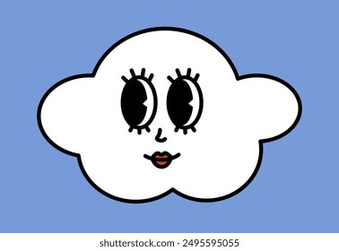 White cloud character with cartoon funny faces. Groovy sticker with Sky symbols. Weather icon. Emoji expression. Retro Vector illustration on blue background