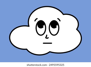 White cloud character with cartoon funny faces. Groovy sticker with Sky symbols. Weather icon. Emoji expression. Retro Vector illustration on blue background