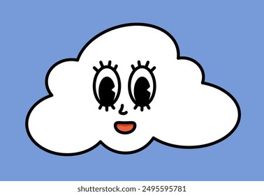 Carácter de nube blanca con caricaturas divertidas. Pegatina estupenda con símbolos Sky. Icono de Clima. Expresión de emoticono. Ilustración vectorial retro sobre fondo azul