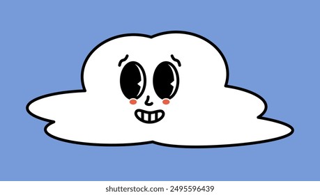 Carácter de nube blanca con caricaturas divertidas. Pegatina estupenda con símbolos Sky. Icono de Clima. Expresión de emoticono. Ilustración vectorial retro sobre fondo azul