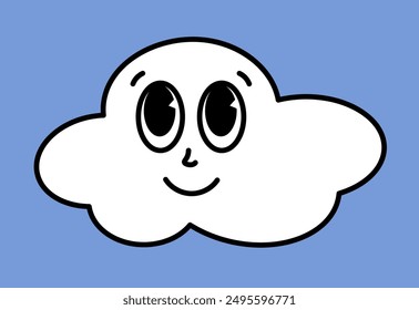 White cloud character with cartoon funny faces. Groovy sticker with Sky symbols. Weather icon. Emoji expression. Retro Vector illustration on blue background