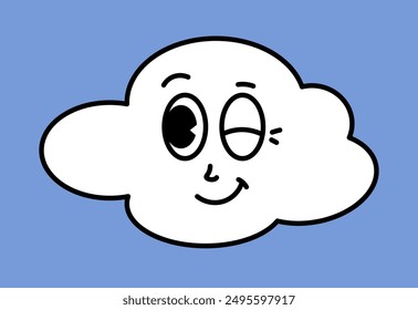 White cloud character with cartoon funny faces. Groovy sticker with Sky symbols. Weather icon. Emoji expression. Retro Vector illustration on blue background