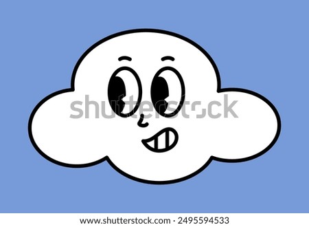 White cloud character with cartoon funny faces. Groovy sticker with Sky symbols. Weather icon. Emoji expression. Retro Vector illustration on blue background