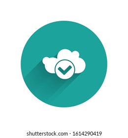 White Cloud with check mark icon isolated with long shadow. Cloud storage data protection. Cloud computing. Green circle button. Vector Illustration