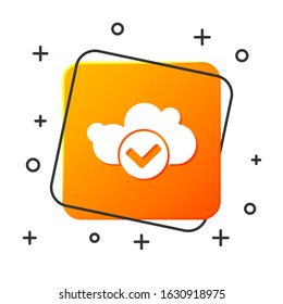 White Cloud with check mark icon isolated on white background. Cloud storage data protection. Cloud computing. Orange square button. Vector Illustration