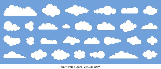 White cloud collection. Abstract cloud shape in flat style on blue sky.  Set of cartoon cloud icon symbols design. Vector illustration for website, logo, web banner, sticker and any design