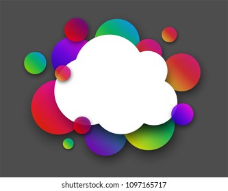 Nube blanca con círculos de color sobre fondo gris. Ilustración de papel vector.