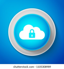 White Cloud computing lock icon isolated on blue background. Cloud protection icon. Cloud security concept. Circle blue button with white line. Vector Illustration