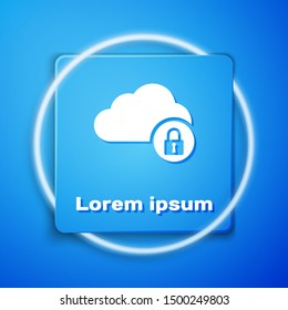 White Cloud computing lock icon isolated on blue background. Security, safety, protection concept. Blue square button. Vector Illustration