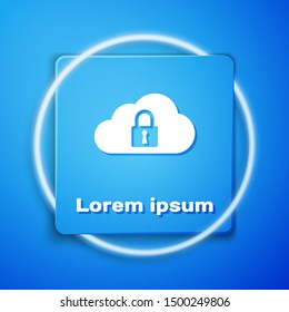 White Cloud computing lock icon isolated on blue background. Security, safety, protection concept. Blue square button. Vector Illustration
