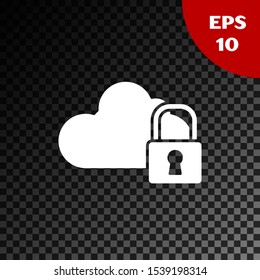 White Cloud computing lock icon isolated on transparent dark background. Security, safety, protection concept. Protection of personal data.  Vector Illustration