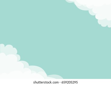 White cloud in corners frame template. Blue sky. Fluffy cloudshape. Cloudy weather. Flat design. Background. Isolated Vector illustration
