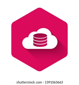 White Cloud database icon isolated with long shadow. Cloud computing concept. Digital service or app with data transferring. Pink hexagon button. Vector Illustration White Cloud database icon isolated with long shadow. Cloud computing concept. Digital service or app with data transferring. Pink hexagon button. Vector Illustration