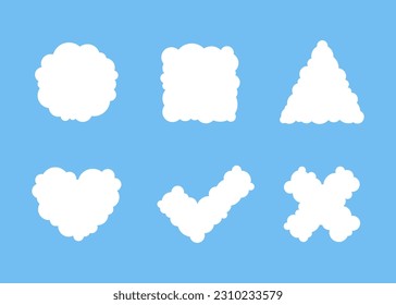 White cloud different shape on blue sky set. Simple flat style of different clouds. Graphic element collection for web and print. Vector illustration