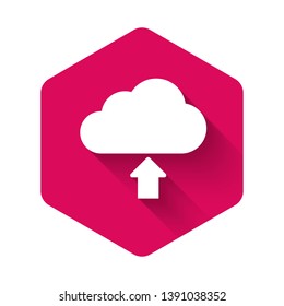 White Cloud download icon isolated with long shadow. Pink hexagon button. Vector Illustration