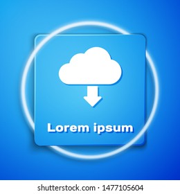 White Cloud download icon isolated on blue background. Blue square button. Vector Illustration