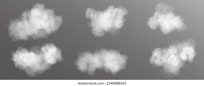 White cloud or fire smoke in the sky on a transparent background. Vector weather element. Chimney smoke, fog wave or cloud pattern with overlay effect. Cloud or smok air. 