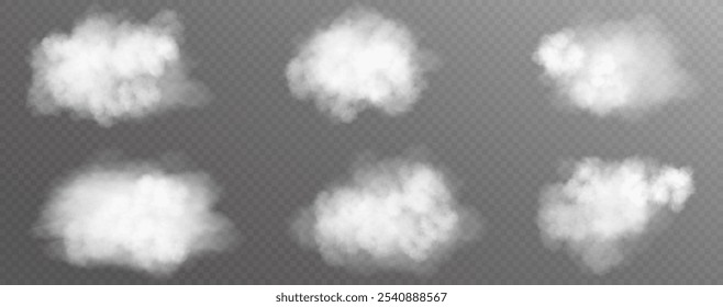 White cloud or fire smoke in the sky on a transparent background. Vector weather element. Chimney smoke, fog wave or cloud pattern with overlay effect. Cloud or smok air. 