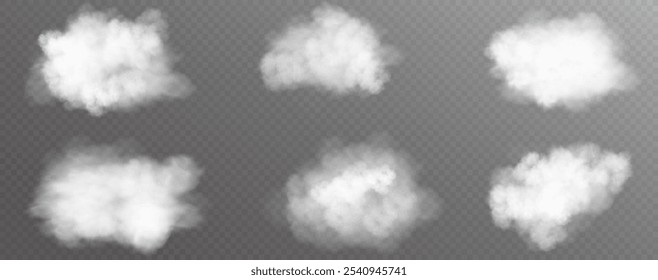 White cloud or fire smoke in the sky on a transparent background. Vector weather element. Chimney smoke, fog wave or cloud pattern with overlay effect. Cloud or smok air.