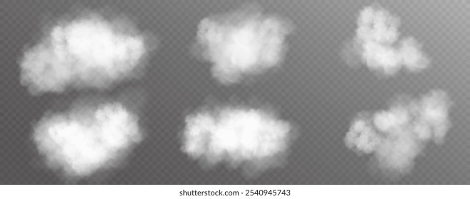 White cloud or fire smoke in the sky on a transparent background. Vector weather element. Chimney smoke, fog wave or cloud pattern with overlay effect. Cloud or smok air.