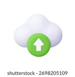 White cloud with a green circle and white upward upload download arrow. Data transfer, cloud storage, cloud computing, digital storage and online backup concept. 3d vector icon. Cartoon minimal style.