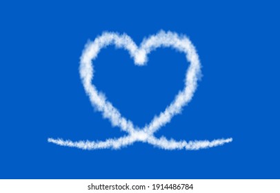 White cloud heart isolated on blue background.  Love. Sky. Steam  special effect.  Realistic  vector fog,  fire smoke  or mist texture for Valentine day banner template .