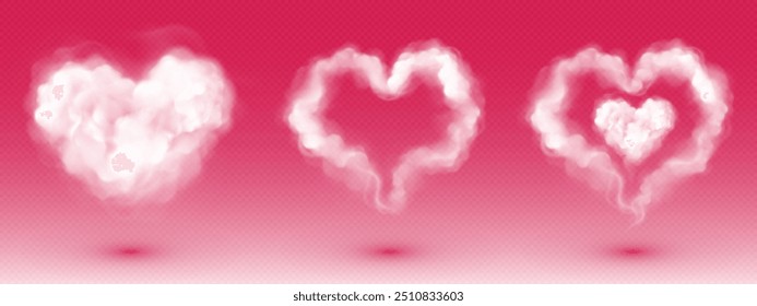 White cloud of heart shape. Realistic 3d vector illustration set of abstract magic fluffy smoke frame for love and romance Valentine day design. Dream vapor steam or cotton candy on pink background.