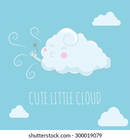 White cloud holding dandelion and blowing on it in the sky