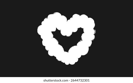 A white cloud icon with a heart-shaped cutout in the center on a black background. Love symbol with crayon texture. Romantic chalk cloudy silhouette.